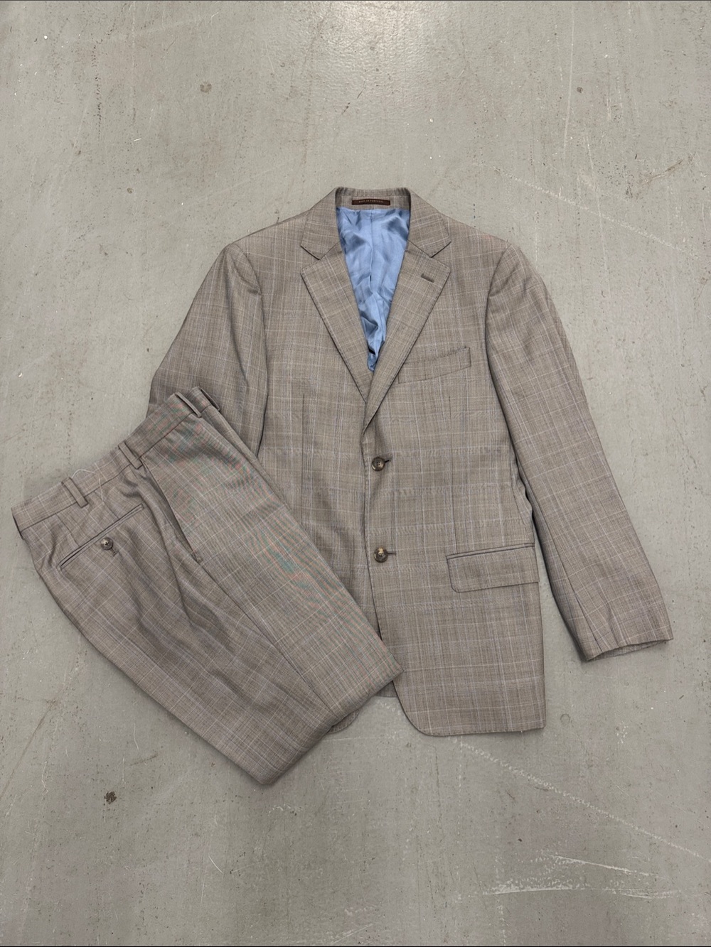 J. Hilburn Men's Two-Piece Light Brown Plaid Suit with Blue Lining